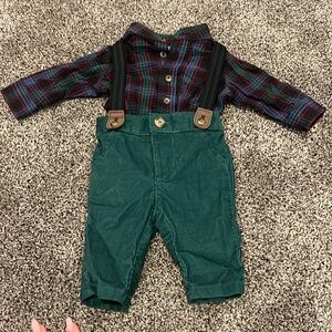 Plaid shirt with green velvet suspenders set